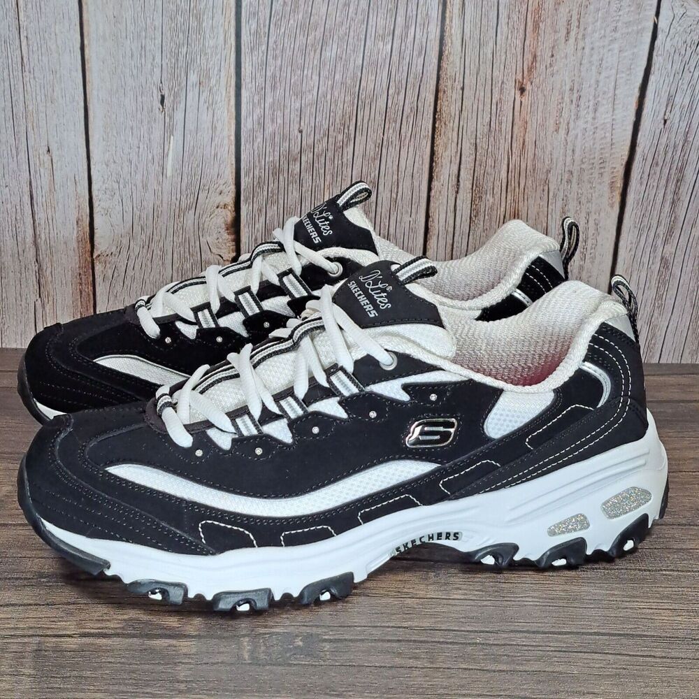 Skechers D'Lites Biggest Fan Black White Leather Athletic Sneaker Womens Size 11